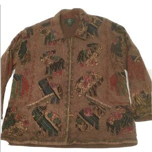 Orvis Womens Medium Jacket Brown Elephant Patchwork Toggle Buttons Artsy Cotton